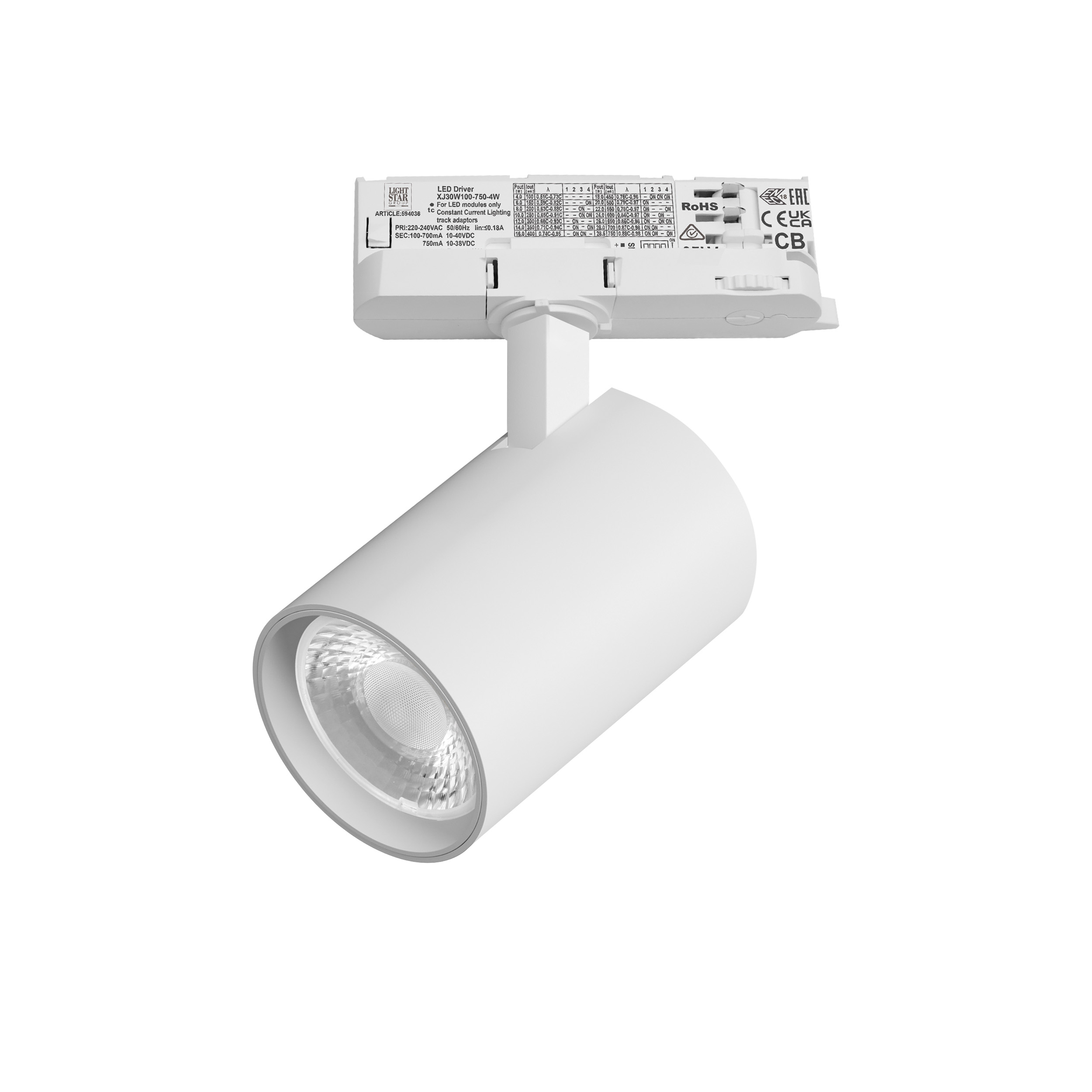 Светильник ALTA BASE для трековой системы Quattro LED 24W 3040LM 36G БЕЛЫЙ 4000K с адаптером (215246 + 594036 + 215203)